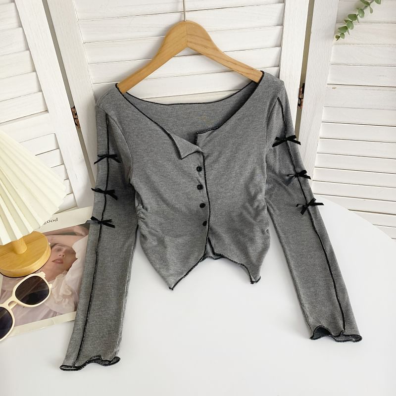 Long-Sleeve Plain Asymmetrical Bow Tee