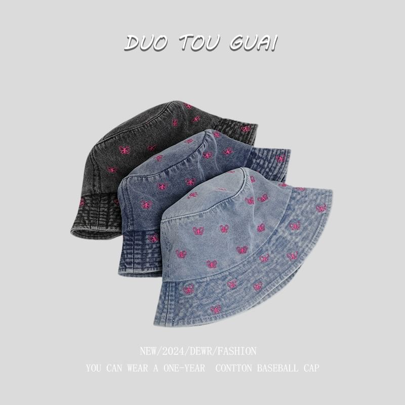 Bow Denim Bucket Hat Washed Embroidered