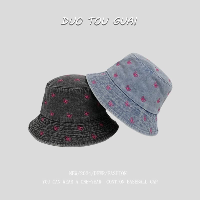 Bow Denim Bucket Hat Washed Embroidered
