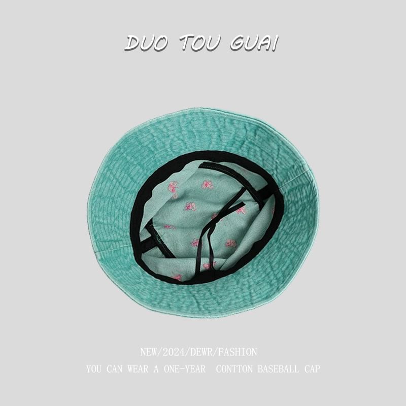 Bow Denim Bucket Hat Washed Embroidered