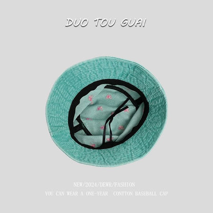 Bow Denim Bucket Hat Washed Embroidered