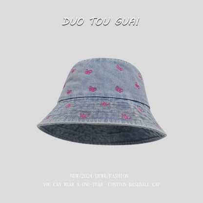 Bow Denim Bucket Hat Washed Embroidered