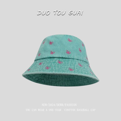 Bow Denim Bucket Hat Washed Embroidered