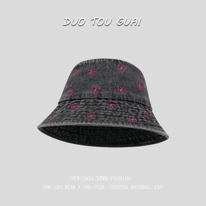 Bow Denim Bucket Hat Washed Embroidered
