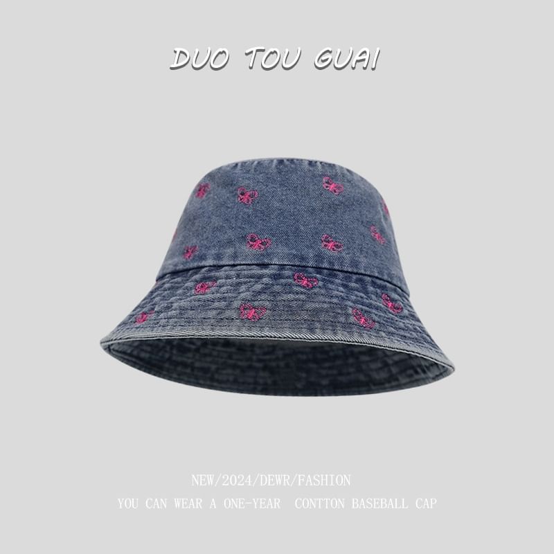 Bow Denim Bucket Hat Washed Embroidered