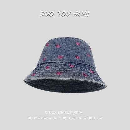 Bow Denim Bucket Hat Washed Embroidered