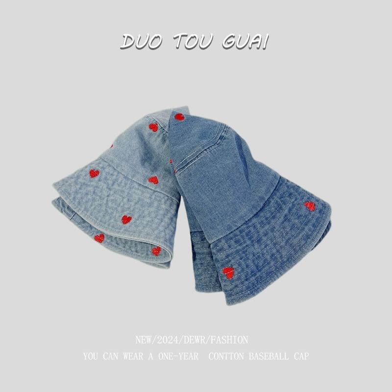 Washed Bucket Embroidered Hat Denim Heart