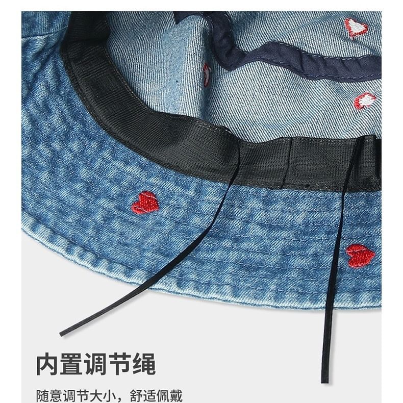Washed Bucket Embroidered Hat Denim Heart