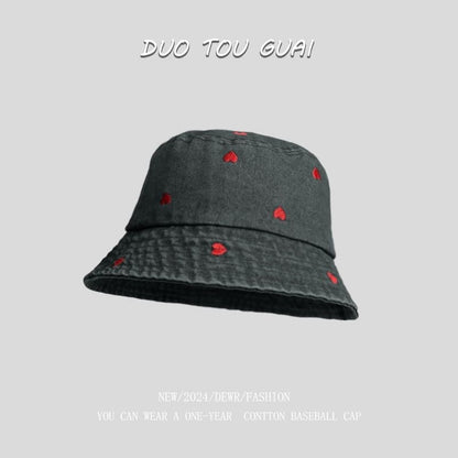 Washed Bucket Embroidered Hat Denim Heart