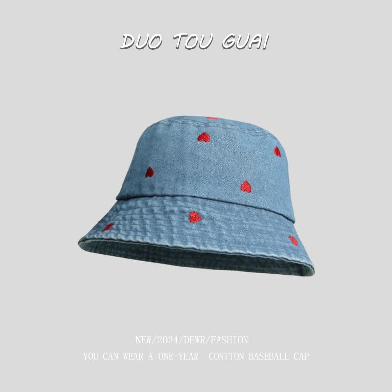 Washed Bucket Embroidered Hat Denim Heart