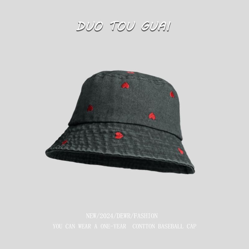 Washed Bucket Embroidered Hat Denim Heart