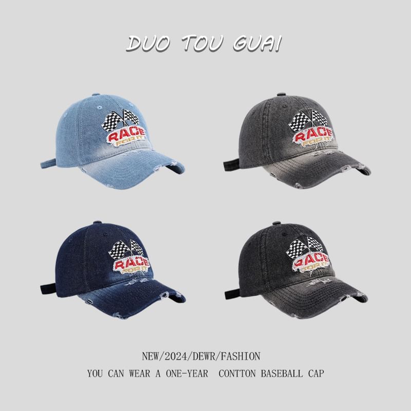 Embroidered Denim Washed Baseball Distressed Lettering Cap