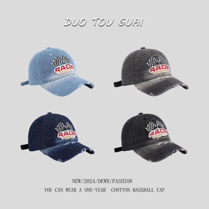Embroidered Denim Washed Baseball Distressed Lettering Cap