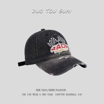 Embroidered Denim Washed Baseball Distressed Lettering Cap