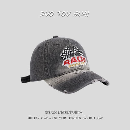 Embroidered Denim Washed Baseball Distressed Lettering Cap