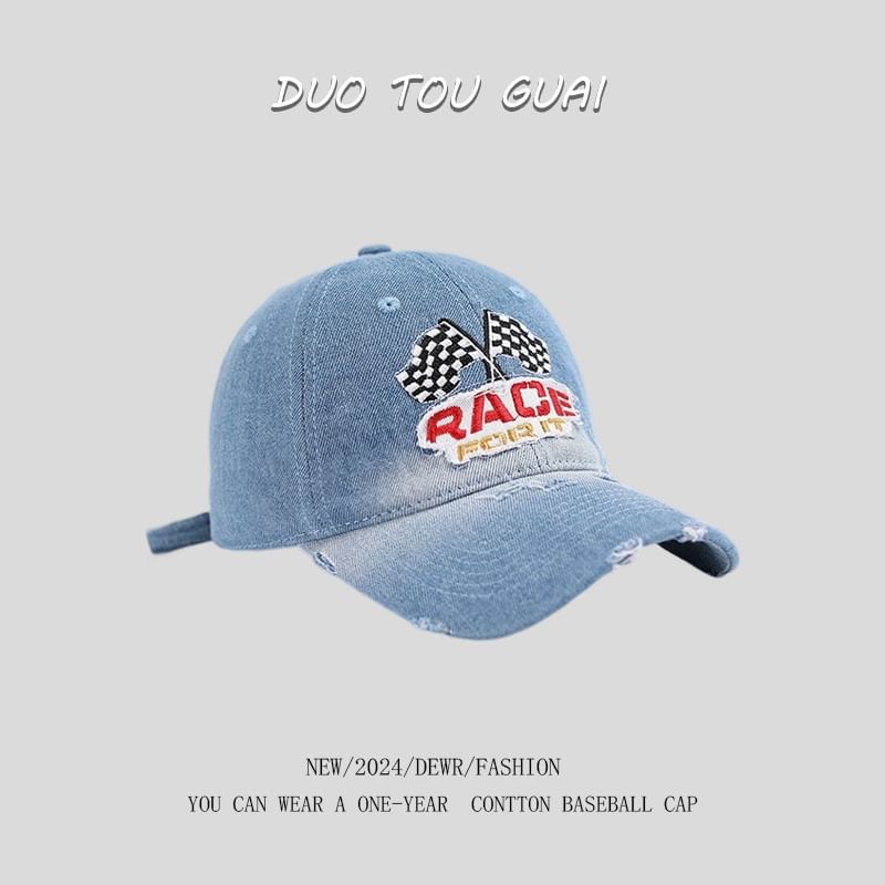Embroidered Denim Washed Baseball Distressed Lettering Cap