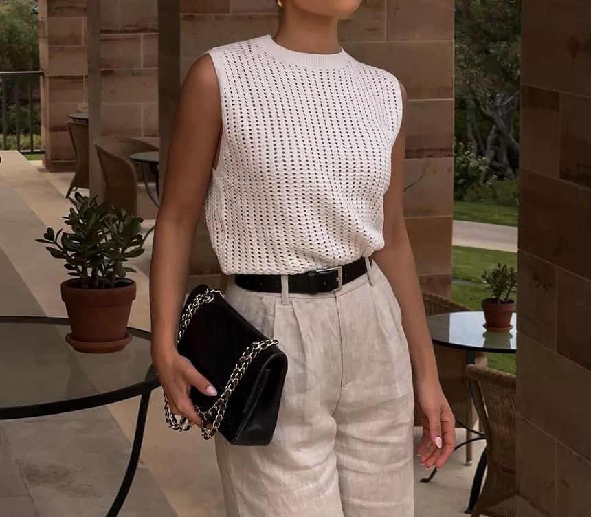 Round Sleeveless Top Plain Knit Neck