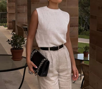 Round Sleeveless Top Plain Knit Neck