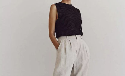 Round Sleeveless Top Plain Knit Neck