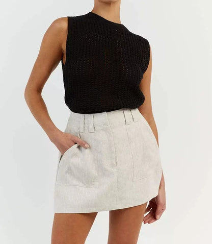 Round Sleeveless Top Plain Knit Neck