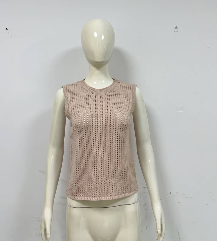 Round Sleeveless Top Plain Knit Neck