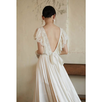 Square Neck Plain Lace Wedding Gown