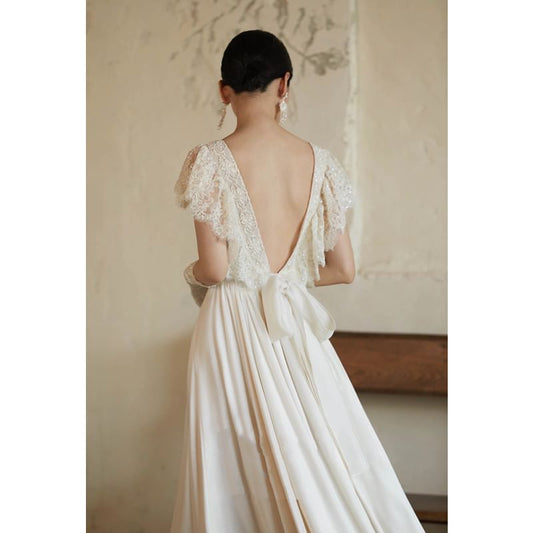 Square Neck Plain Lace Wedding Gown
