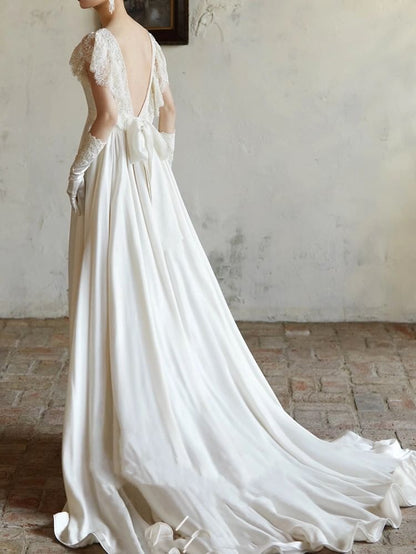 Square Neck Plain Lace Wedding Gown