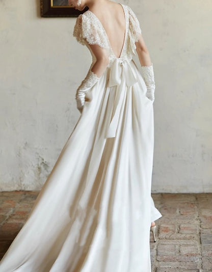 Square Neck Plain Lace Wedding Gown