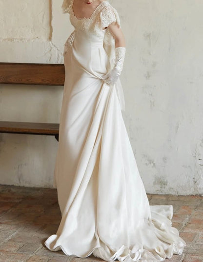 Square Neck Plain Lace Wedding Gown