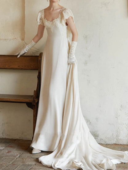 Square Neck Plain Lace Wedding Gown