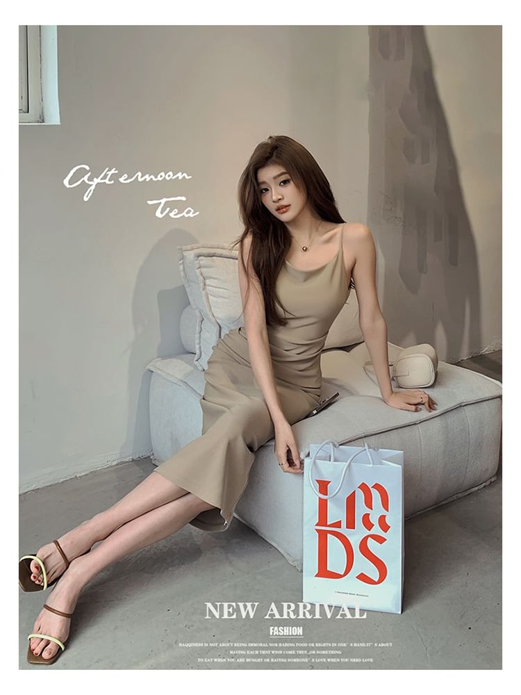 Thin Strap Cowl Neck Simple Ruched Midi Bodycon Dress