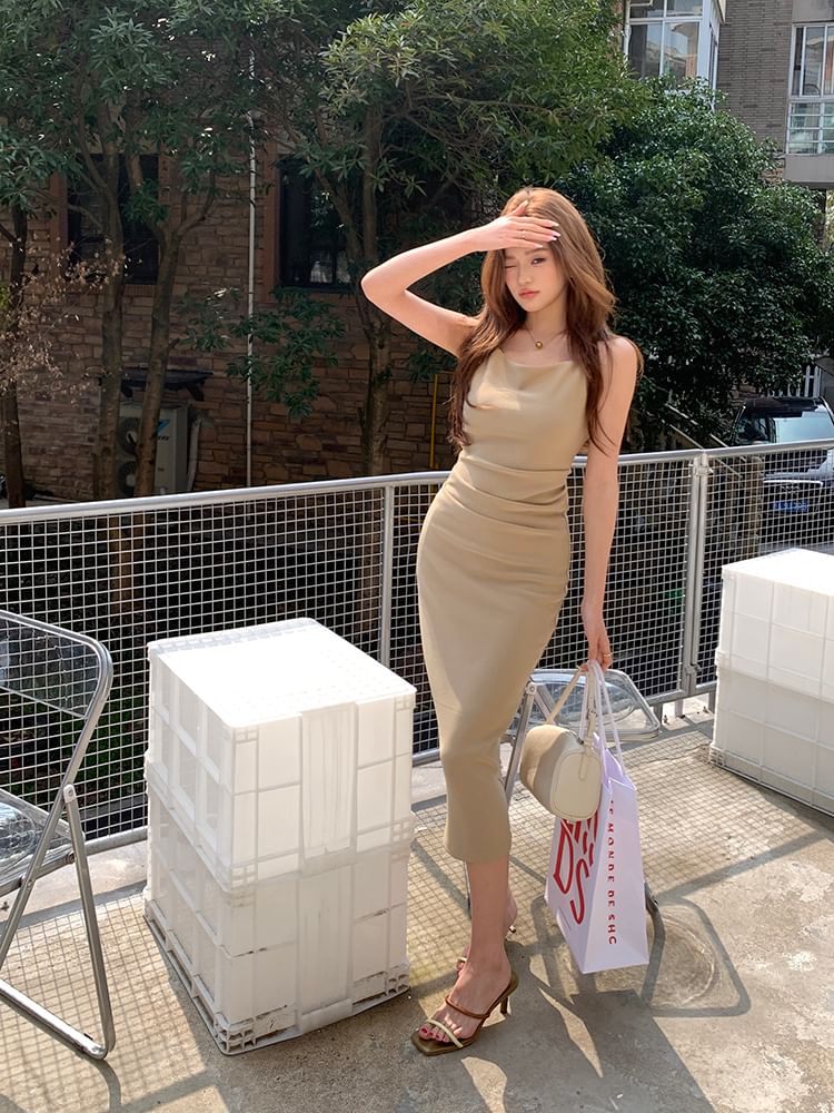 Thin Strap Cowl Neck Simple Ruched Midi Bodycon Dress