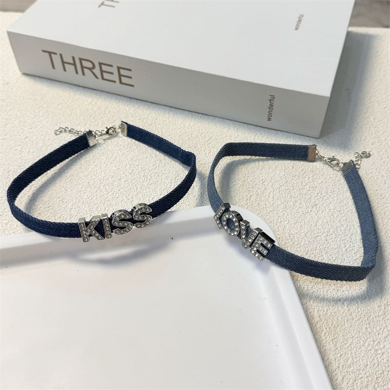 Lettering Rhinestone Denim Choker (Various Designs)