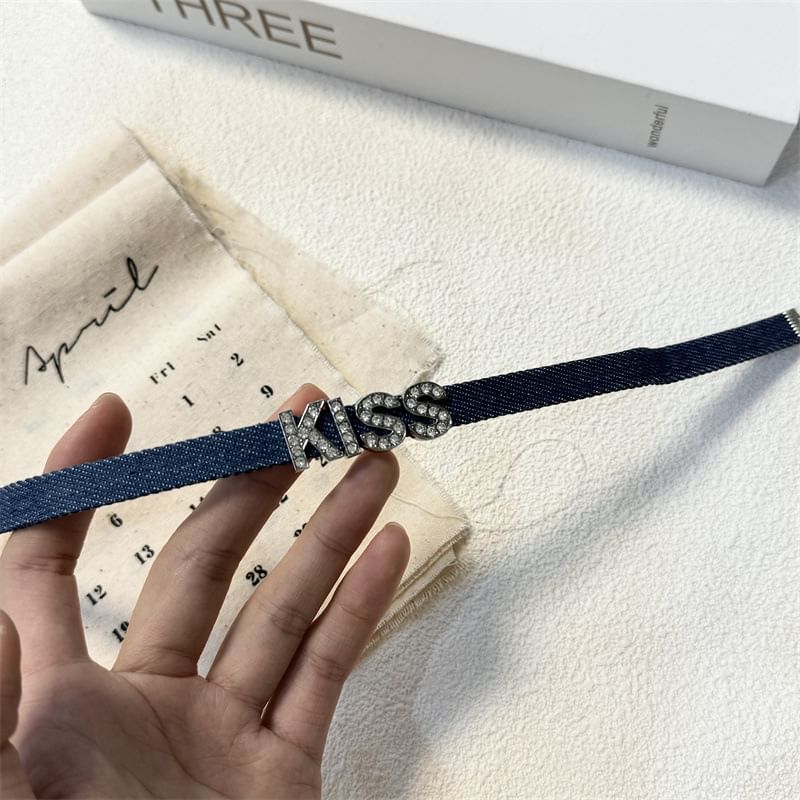 Lettering Rhinestone Denim Choker (Various Designs)