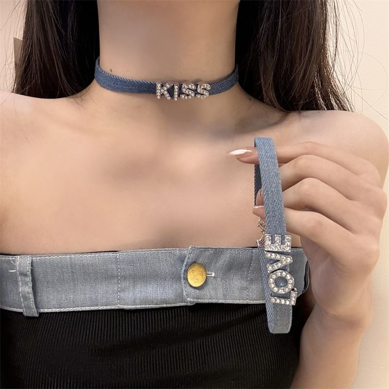 Lettering Rhinestone Denim Choker (Various Designs)