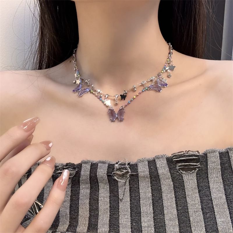 Butterfly Faux Crystal Fringed Layered Necklace