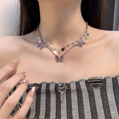 Butterfly Faux Crystal Fringed Layered Necklace