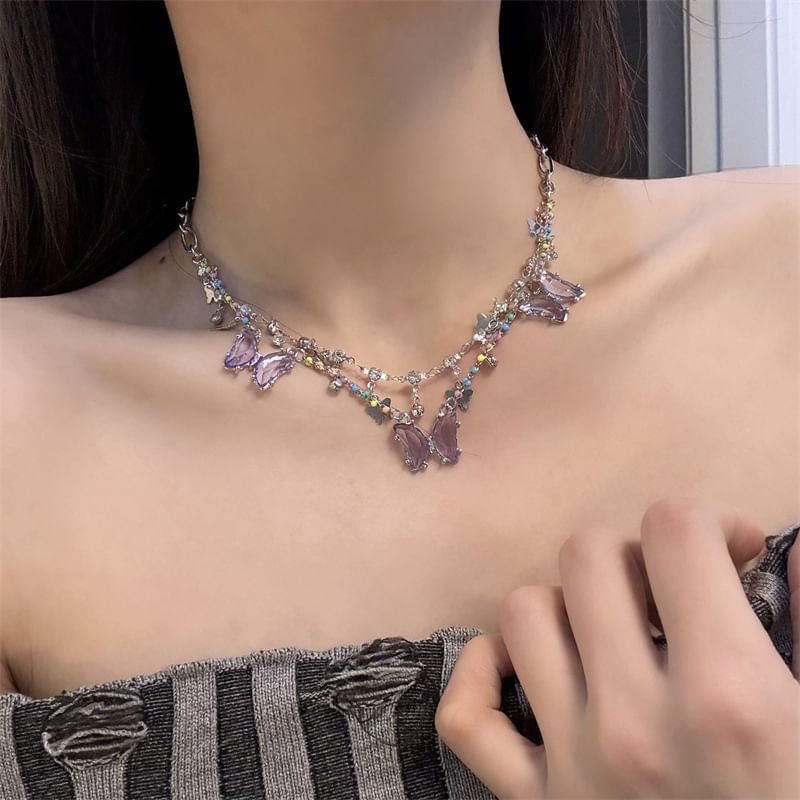 Butterfly Faux Crystal Fringed Layered Necklace