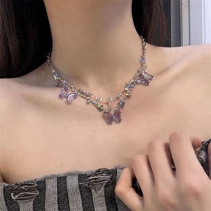 Butterfly Faux Crystal Fringed Layered Necklace