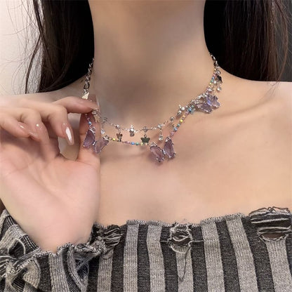 Butterfly Faux Crystal Fringed Layered Necklace