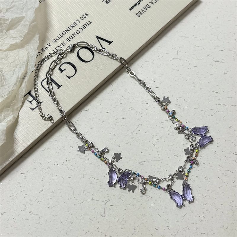 Butterfly Faux Crystal Fringed Layered Necklace