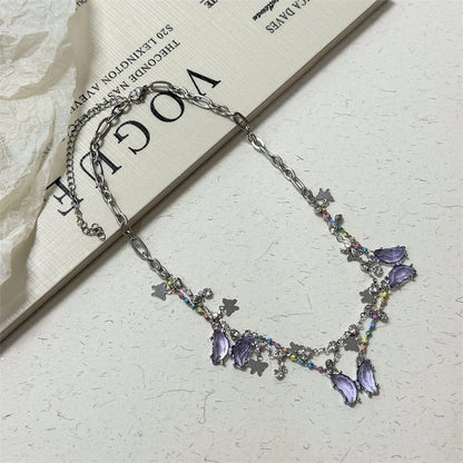 Butterfly Faux Crystal Fringed Layered Necklace