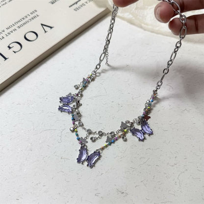 Butterfly Faux Crystal Fringed Layered Necklace