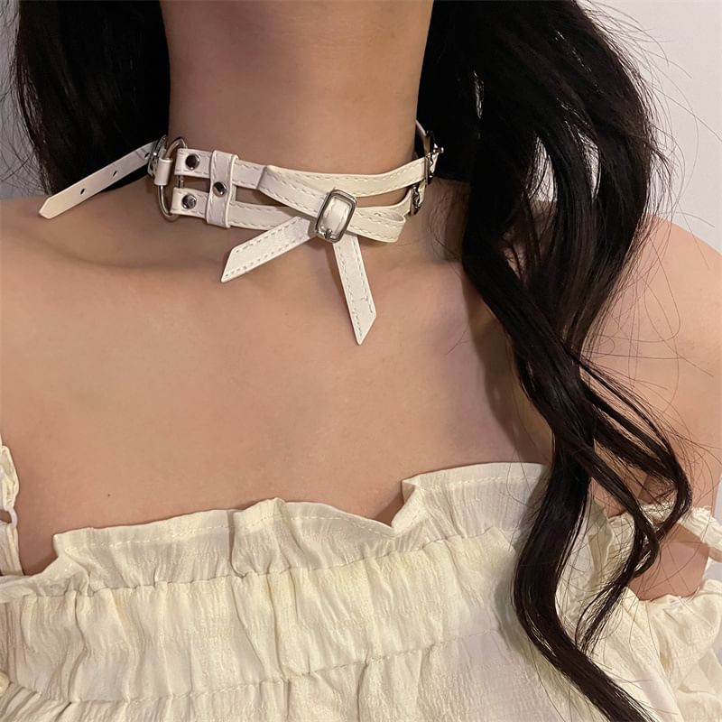 Bow Layered Faux Leather Choker