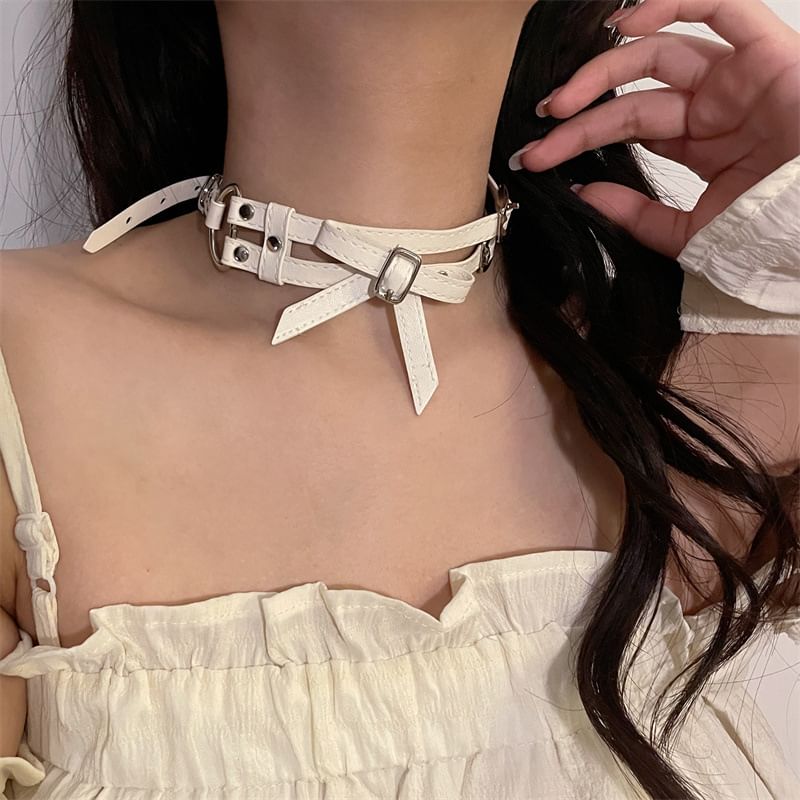 Bow Layered Faux Leather Choker