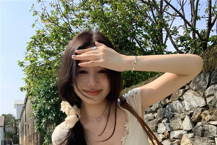 Cap-Sleeve V-Neck Plain Lace Panel Buttoned Eyelet Mini A-Line Dress / Maxi Mermaid Dress