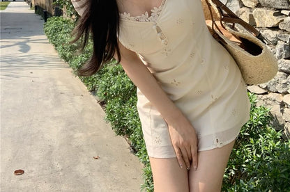 Cap-Sleeve V-Neck Plain Lace Panel Buttoned Eyelet Mini A-Line Dress / Maxi Mermaid Dress