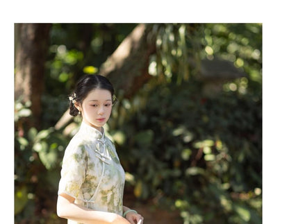 Short-Sleeve Floral Print Midi Qipao
