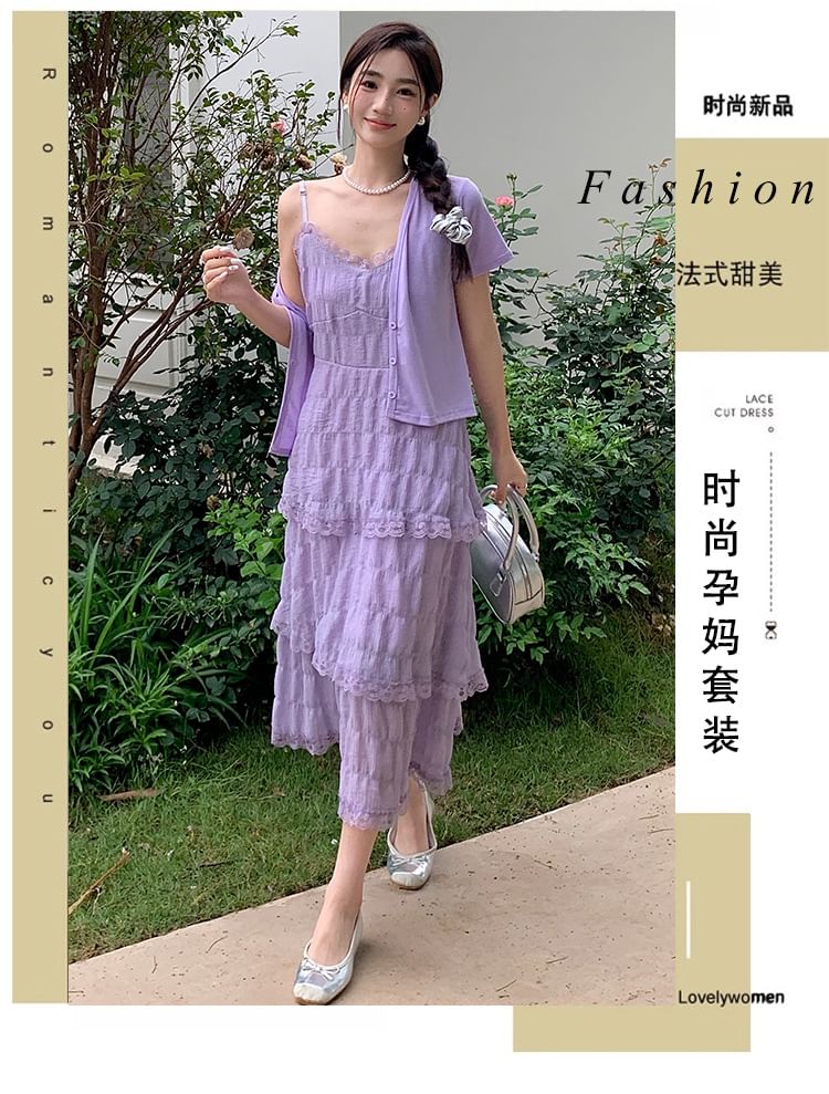 Maternity Thin Strap V-Neck Simple Lace Trim Tiered Midi A-Line Dress
